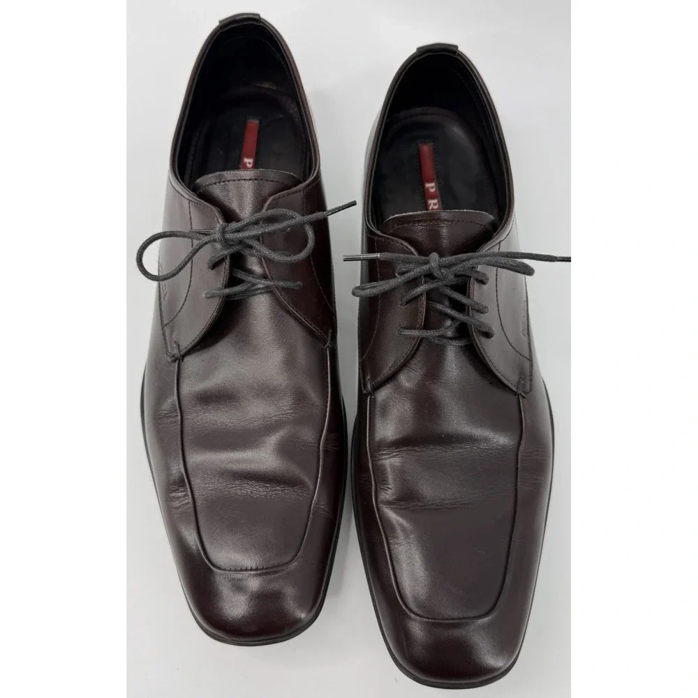 Prada Dress Shoes Men 8 Burgundy‎ Oxblood Leather Square Toe Derby Italy